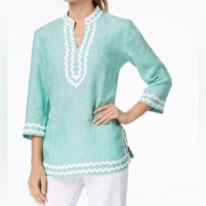 Charter Club 100% Linen V-Neck Zigzag Trim 3/4 Sleeve Tunic Length Top